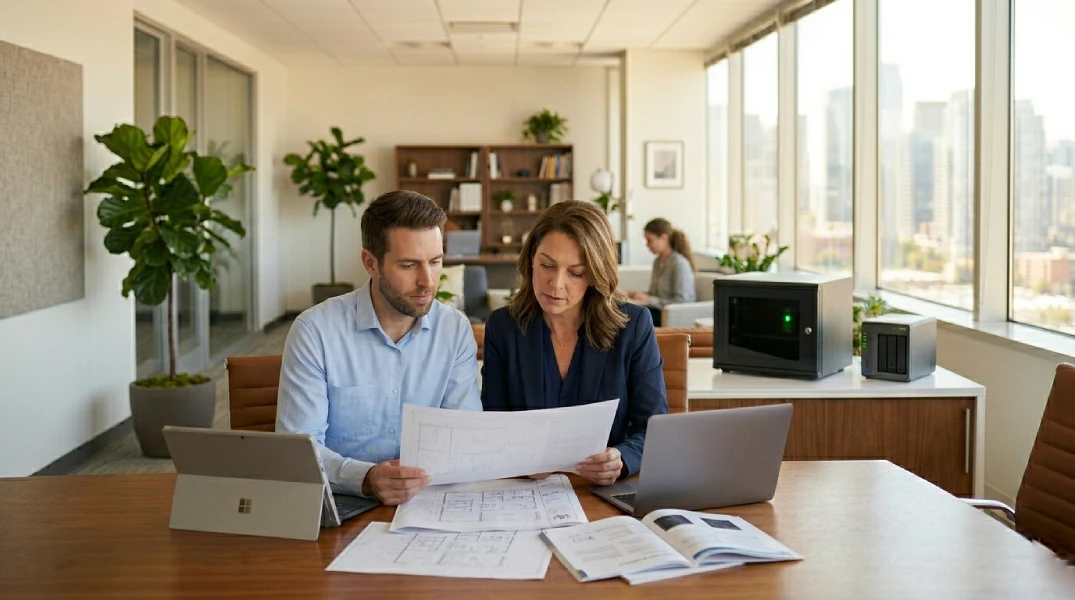 A bright, high-quality shot of a modern professional office. a business owner or manager is smiling or calmly collaborating with a colleague. In the background or on a clean side-desk, you see a small, glowing, professional-looking backup device or a sleek server rack with a solid green status light.