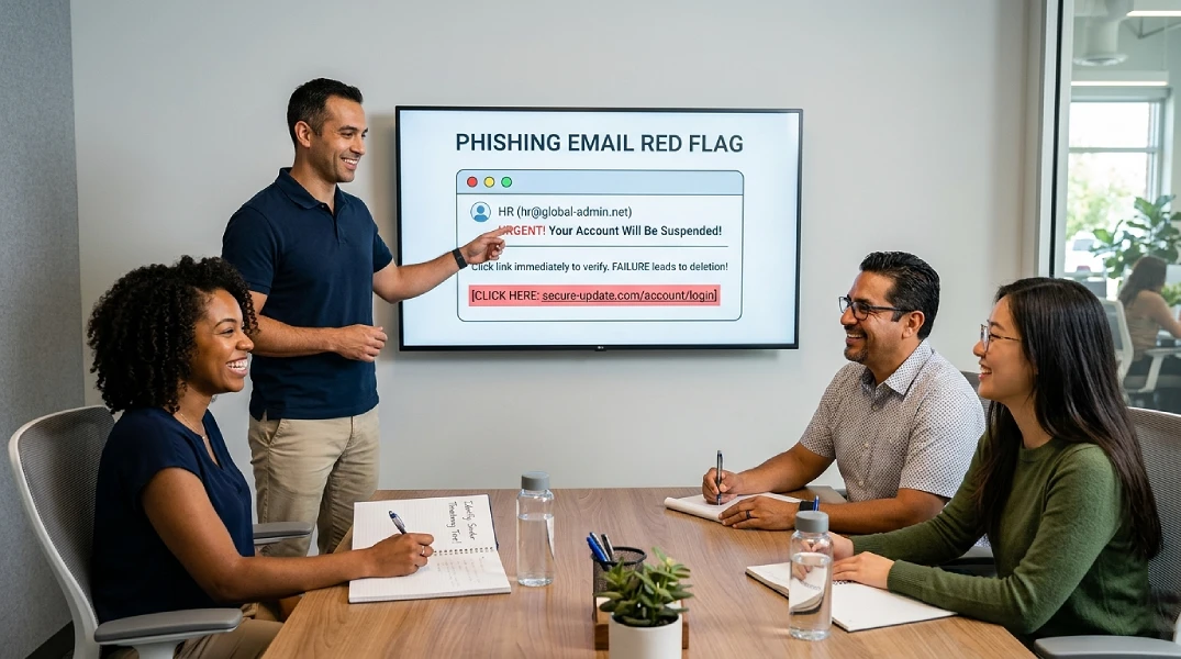 A technician is standing at the front of a small conference room, gesturing toward a large wall-mounted monitor. On the screen is a clear, simple visualization of a phishing email 'red flag'. Three diverse office employees are sitting at the table, looking engaged, taking notes, and smiling with comprehension. They are not scared; they are being taught.