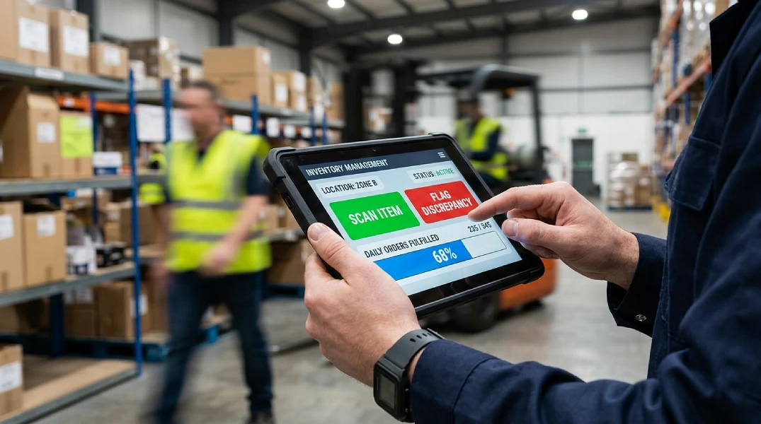 A close-up of a person’s hands holding a tablet or smartphone in a warehouse. The screen displays a custom dashboard with large, clear buttons or a simple progress graph.