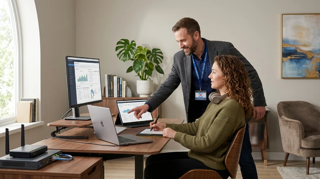 A clean, well-lit home office, where a person is comfortably working on a laptop or desktop, with a 'Best IT Guys' consultant providing helpful, hands-on assistance