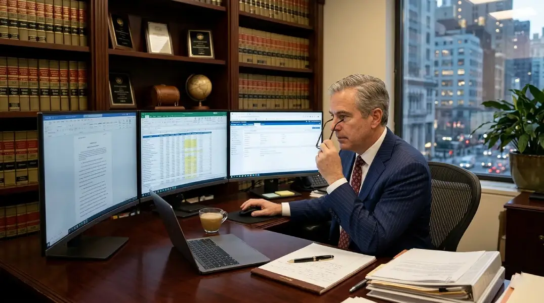 Lawyer sitting at his desk using a computer, could use 'Best IT Guys' for their IT consulting needs