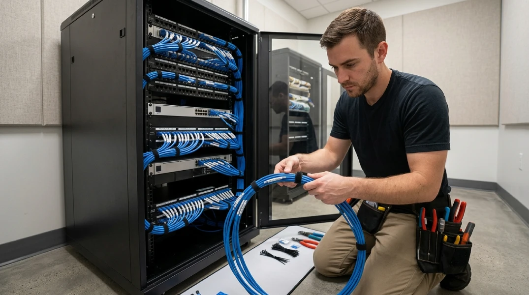 A technician is calmly kneeling beside a professionally organized network cabinet in an office utility area. They are wearing their tool belt and are neatly bundling a set of blue cables with Velcro, ensuring everything is labeled and clean. The focus is sharp on their focused expression and the neatness of their work. don't show any logos