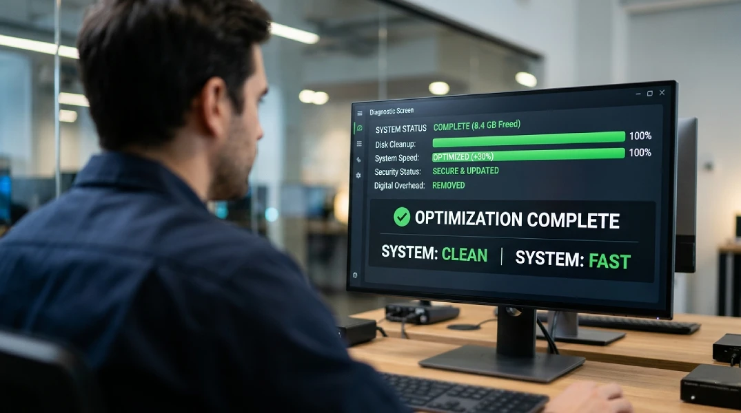 A bright, high-quality shot of a modern professional office. a business owner or manager is smiling or calmly collaborating with a colleague. In the background or on a clean side-desk, you see a small, glowing, professional-looking backup device or a sleek server rack with a solid green status light.
