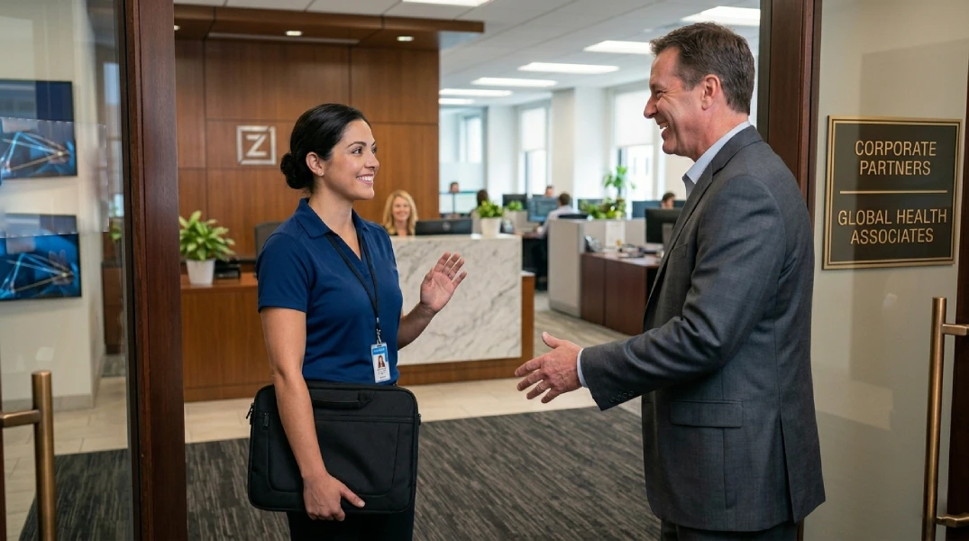 A 'Best IT Guys' technician meeting a client at their corporate office