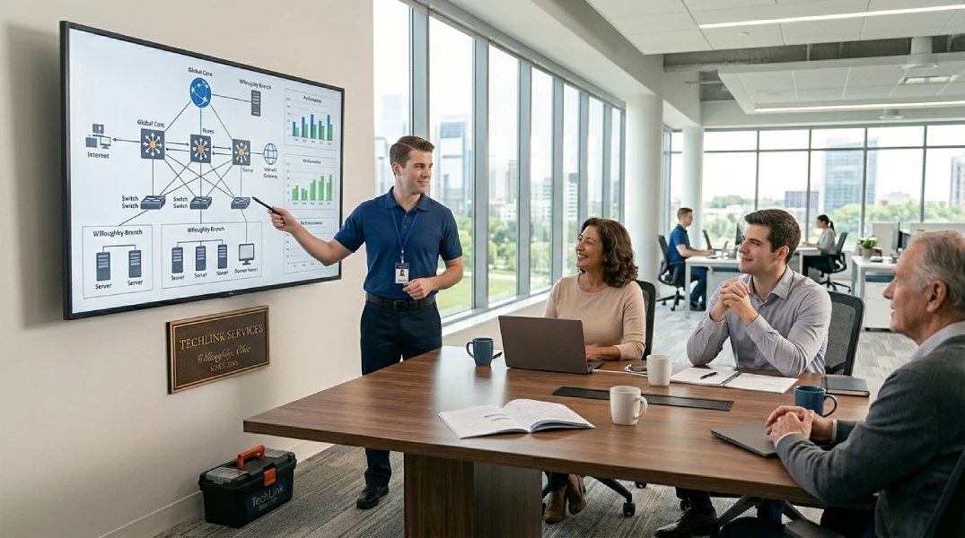 A wide-angle shot of a modern conference room or open office. In the foreground, a professional is standing by a wall-mounted screen, pointing to a network diagram or data chart, while two or three business people (the clients) are seated, looking engaged and relieved